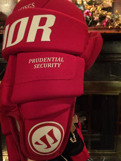 Red Wings hockey gloves with "Diplomatic Treasury Reserve" printed on them